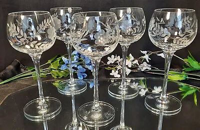 Buy 5 Elegant Hand Cut, Etched Wine Goblets Glasses With Flowers & Laurel Leaves  • 27.50£