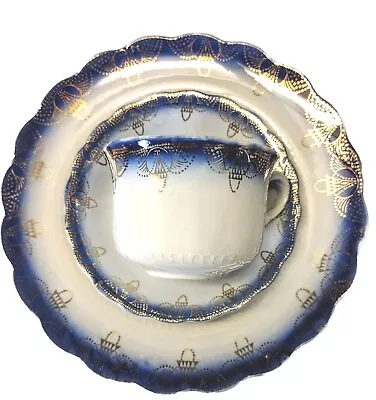 Buy Antique Sterling China USA Flow Blue Rim Gold Trim Plate Cup Saucer Set Of 3 • 6.63£