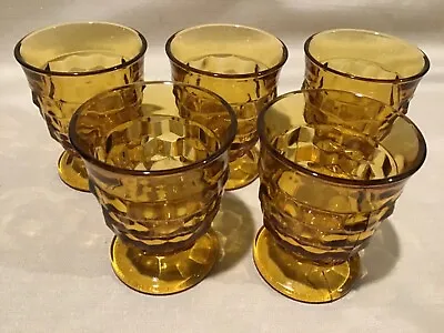 Buy Vintage Set Of 5 Amber Indiana Glass Cubist Footed Drinking Glasses 4.25” • 10.42£