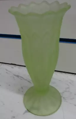 Buy Art Deco Frosted Uranium Green Vaseline Glass Flower Vase Vintage Trumpet Shape • 30£