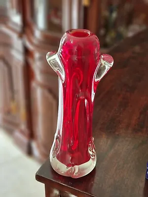 Buy Vintage Mid Century Czech Bohemia Art Glass Red & Cadmium Skrdlovice Pulled Vase • 34.99£