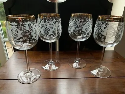Buy Set Of 4 Elegant Fine Wine Goblets - Czech Etched Crystal With Gold Rim - H 19.5 • 45£