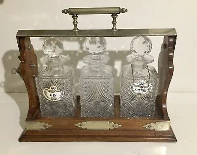 Buy Antique Mahogany Tantalus  & 3  Cut Glass Decanters With 2 Neck Tags • 185£