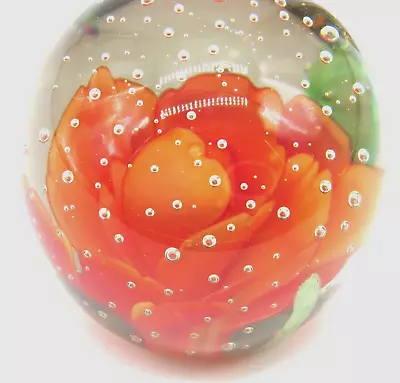 Buy Vtg Art Glass Round Paperweight  Orange Flower With Controlled Bubbles  2.5” • 9.60£