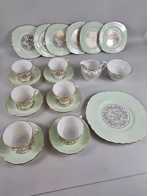 Buy Vintage Royal Vale Fine Bone China Silver & Green 21 Set  Tea Cups Plates Etc • 35£