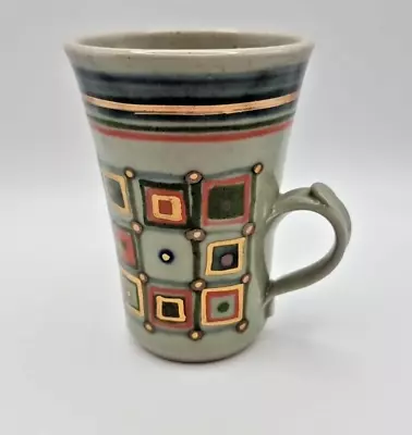 Buy Studio Pottery Stoneware Mug Handpainted Geometric Pattern Gold & Green Signed • 8.99£
