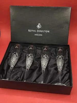 Buy Royal Doulton Crystal Boxed Set Of Four Ciayle Cut 26cm Champagne Flute Glasses • 85£
