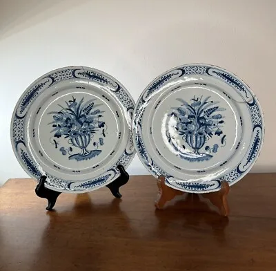 Buy PAIR Mid-18th Century Blue & White Delft Plates C.1760 - 22.5cm • 190£