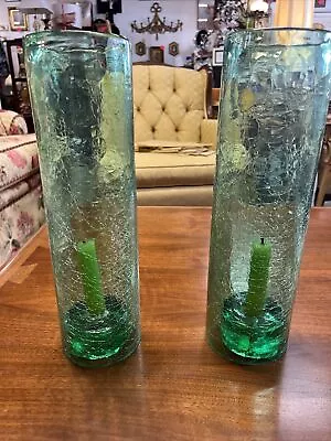 Buy Vintage Blenko  Green Glass Candle Holder Pair 4” X 14” • 47.43£