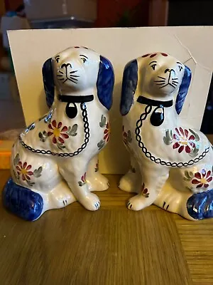 Buy Pair Of Vintage Siltone Pottery Staffordshire Hand Painted Mantel Dogs 20cm Blue • 50£