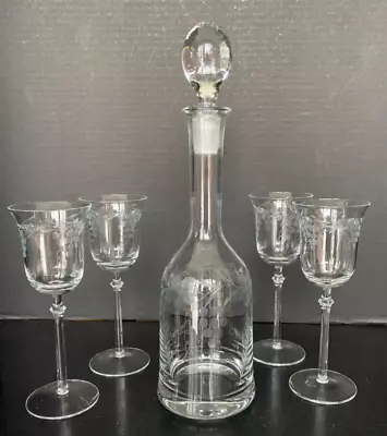 Buy Etched Grapes Leaf MCM Decanter & 4 Pc Matching Sherry Port Glasses & Stopper • 57.90£
