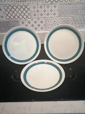 Buy Crown Ducal AGR Small Dinner Plates White Blue/TEAL  22.5 Cm Set Of 3 • 7.99£
