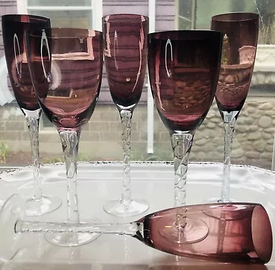 Buy Pier 1 Purple Wine Champagne Flute Pull Clear Twist Stem Bohemia Glass Set Of 6 • 55.09£