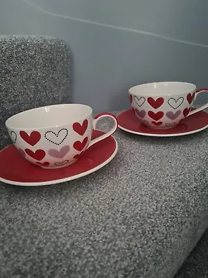 Buy Whittard Of Chelsea 2x Jumbo Cappuccino Or Latte Cups & Saucers Red Hearts Rare  • 14£
