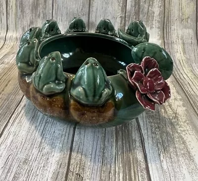 Buy Vintage Majolica Style Glazed Pottery Bowl Planter 8 Frogs On Lily Pad Rim *read • 17.29£