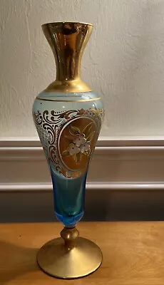 Buy VTG Czech Bohemian Hand-blown Fade Blue Glass Vase/Handpainted Florals/Gold Gilt • 39.78£