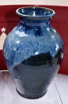 Buy SIGNED Pottery 8  Vase GOLD RIM Flambe BLUE DRIP GLAZE Signature Unknown • 17.97£