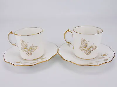Buy Pair Of Royal Crown Derby Royal Butterfly Bone China Coffee Cups & Saucer Set • 64.99£