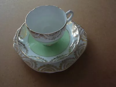 Buy English Bone China Trio Cup Saucer Plate Green Gold White • 6.99£