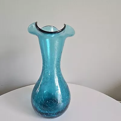 Buy Vintage Rainbow Art Glass Hand Blown Blue Crackle 7” Ruffle Vase • 36.62£