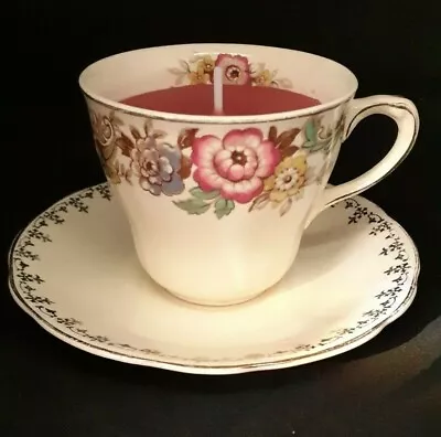 Buy Teacup Candle, Alfred Meakin Cup & Saucer Set, Flower And Leaf Design, Red Wax • 6.99£