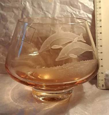 Buy CAITHNESS GLASS BOWL. Dolphin Etching. Orange. Handmade From Scotland. Vintage.  • 7.50£