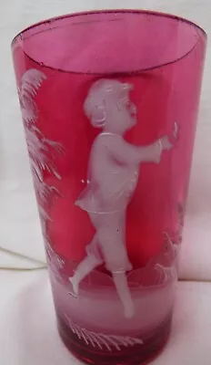 Buy Beautiful Mary Gregory Cranberry Red Glass Beaker Tumbler Young Boy Thick Enamel • 4.99£