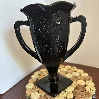 Buy 1930s LE Smith Black Amethyst Glass Trophy Vase Dancing Nymphs 7” • 16.91£