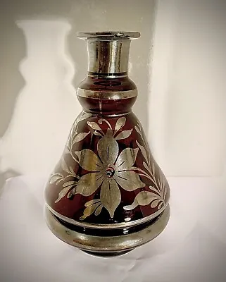 Buy Vintage Beautiful Black Amethyst Glass Vase With SILVER OVERLAY • 68£