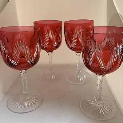 Buy Set 4 Edwardian Cut Cranberry Overlay Wine Glasses Or Goblets • 75£