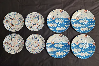 Buy Set Of 8 Ironstone Pier 1 Plates Ikat Abstract Ocean Blue Shades - 9  & 11  • 85.78£