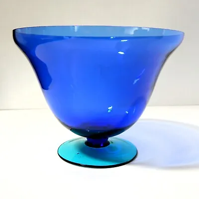 Buy Murano Empoli Cobalt Blue & Aqua Footed Art Glass Vase Centrepiece Mid Century • 55£