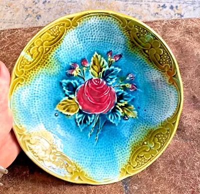 Buy Great Antique Majolica Green Teal Pink Roses Wasmuel ? 9.25  Bowl • 14.46£