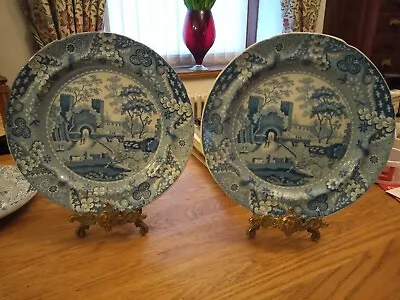 Buy 2 X Georgian Swansea / Spode Antique Pottery Blue & White Castle Gate Plates • 50£