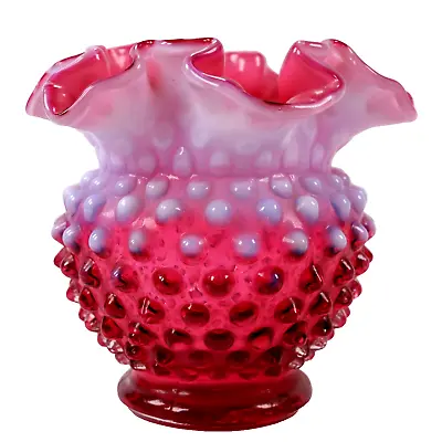 Buy Fenton Glass Vase Opalescent Cranberry Hobnail Ruffle Mid Century • 120£