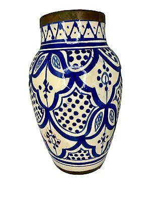 Buy Antique/Vtg Moroccan Safi Pottery Vase Blue White Metal Around Rim And Base • 585.90£