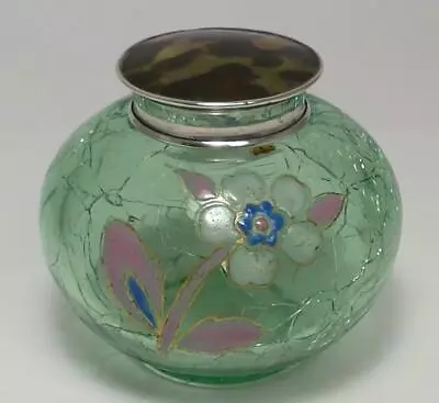 Buy Antique Uranium Crackle Glass Bottler With Sterling Silver Lid – Hallmarked 1924 • 84£