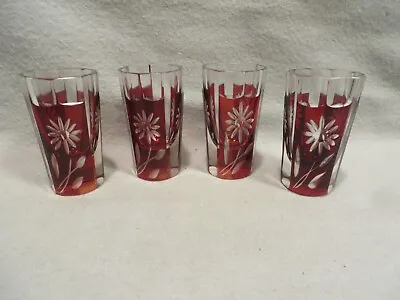 Buy Set Of Four Vintage Flashed Ruby Cut To Clear Bohemian Shot Glasses • 43.80£