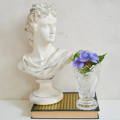 Buy Vintage Heavy Cut Glass Small Vase On Pedestal, Fruit Leaf Design Fluted Edging • 13.95£