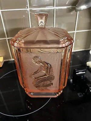 Buy Sowerby Glass - Vintage Art Deco Pink Glass 'Pandora's Box' Biscuit Jar Lidded • 75£