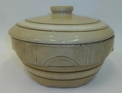 Buy Antique Yellow Ware Banded Pottery Crock Bowl With Lid - Oven Ware #7 • 48.18£