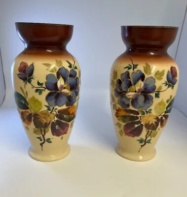 Buy PAIR OF VINTAGE FLORAL HAND PAINTED OPAQUE MILK GLASS VASES - Antique Collectab • 48£