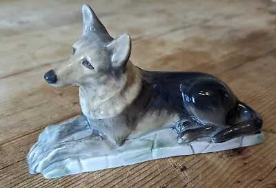 Buy Vintage Branksome Pottery Seated Alsatian Dog Figure 14cm Length • 7.99£