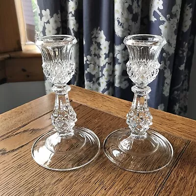 Buy Vintage Pair Of Crystal Cut Glass Thistle Candlesticks Candleholders 7” • 21£