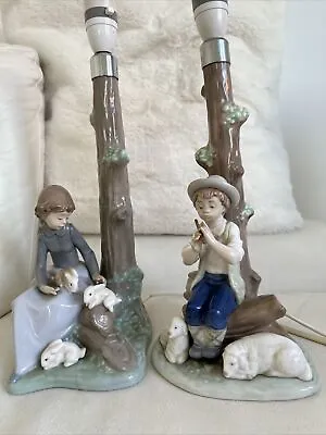 Buy Nao Lladro RARE Vintage Lamps. Girl With Rabbits And Boy With Sheep. • 150£