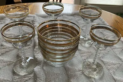 Buy Vintage 5 Cordial Sherry Glasses Gold Band Spiral Stem 5 Matching Dessert Bowls • 33.14£