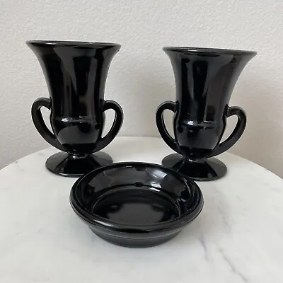 Buy 2 Black Amethyst Glass Art Deco Vases Trophy Double Handled Footed MCM 7” Rare • 43.38£