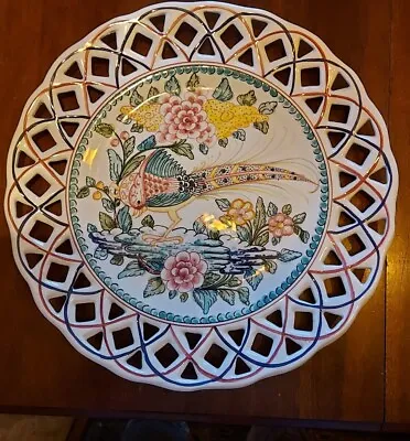 Buy Portuguese Pottery Plate Hand Painted Pheasant Portugal Reticulated Edge 33cm • 11.50£