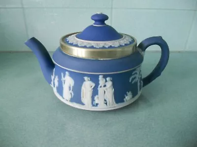 Buy Antique 1800's Wedgwood Dark Portland Blue 0.75 Pint Teapot - Silver Plated Rim • 54.95£