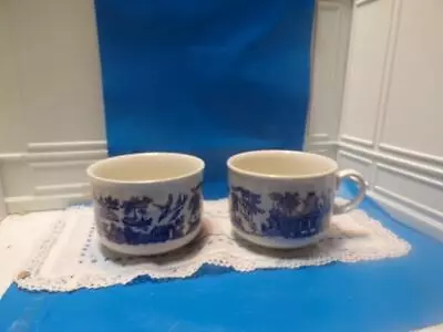 Buy Vintage Churchill England Blue Willow Pair 2 China Breakfast Soup Mugs Cup 12 Oz • 14.24£